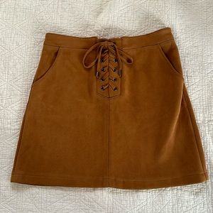 Brown Faux Suede Skirt with Laces and Side Pockets, Size Medium